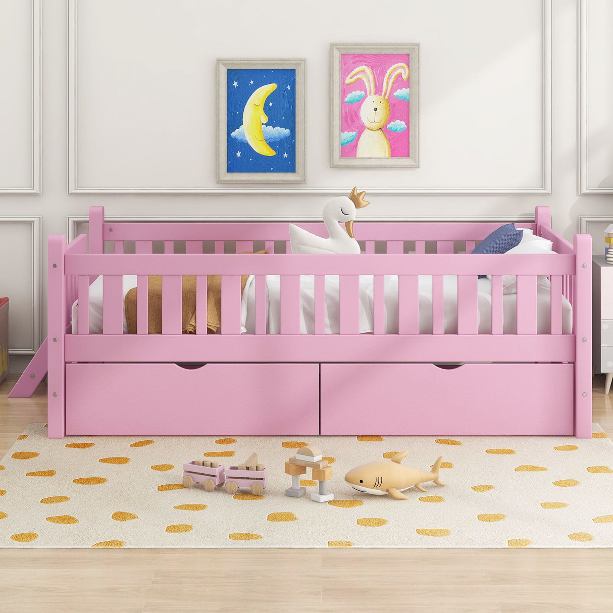Platform Bed With Guardrail And 2 Drawers