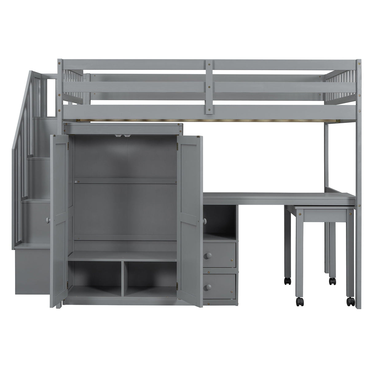 Loft Bed With Stairs, Bookshelf, Drawers, Desk & Wardrobe, Space Saving Multifunctional Furniture
