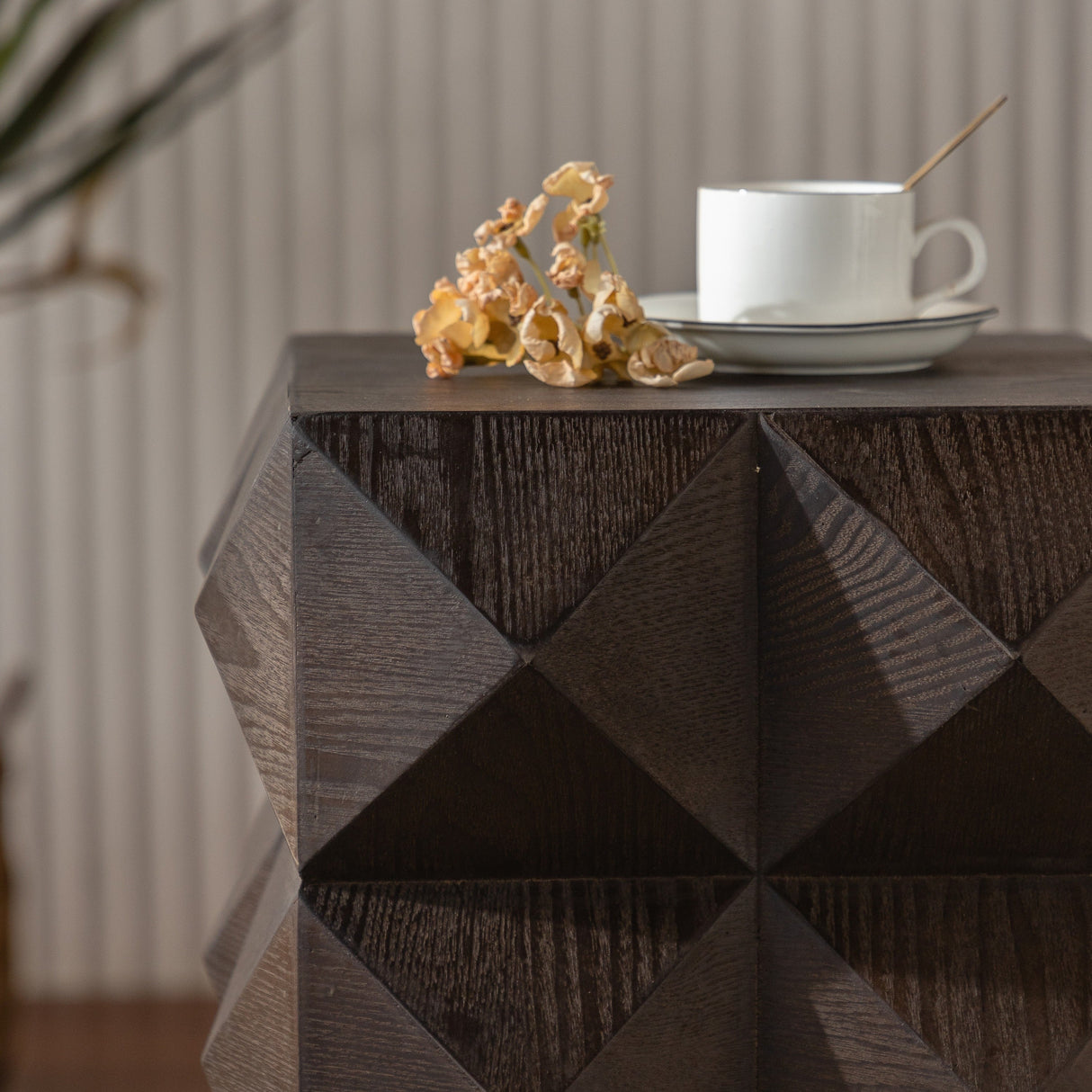 Retro Wooden Side Table with 3D Embossed Design