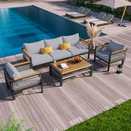 Grey-4-Piece-Outdoor-Sectional-Sofa-Set-with-Woven-Rope-Detailing-&-Acacia-Wood-Table-Outdoor-Furniture-Sets