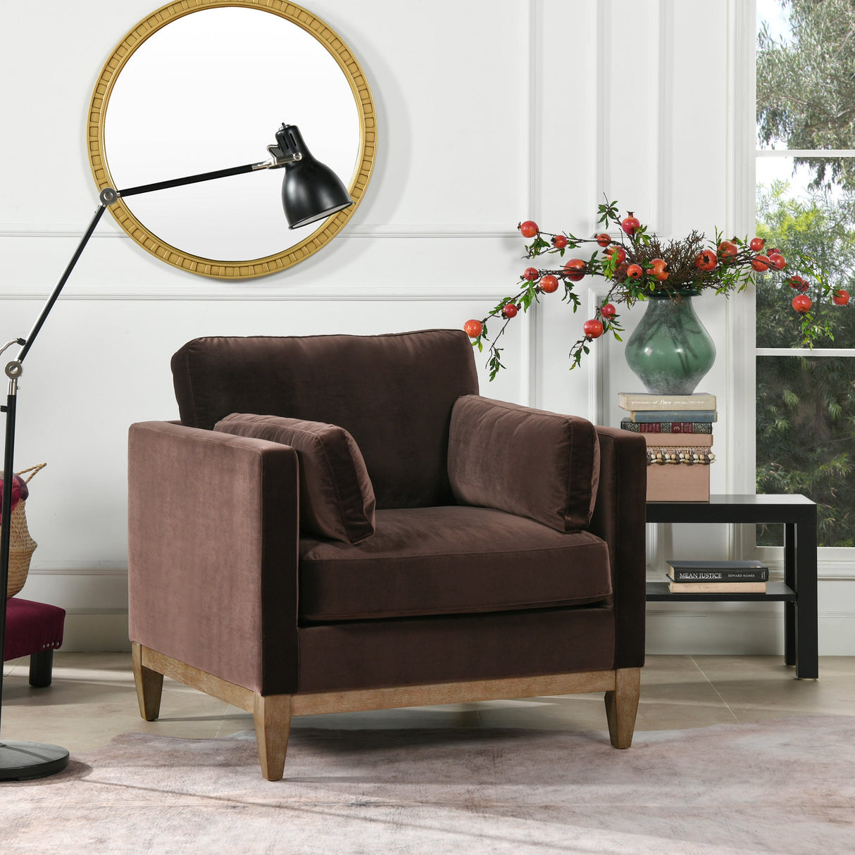 Knox 36" Modern Farmhouse Arm Chair, Deep Brown Performance Velvet