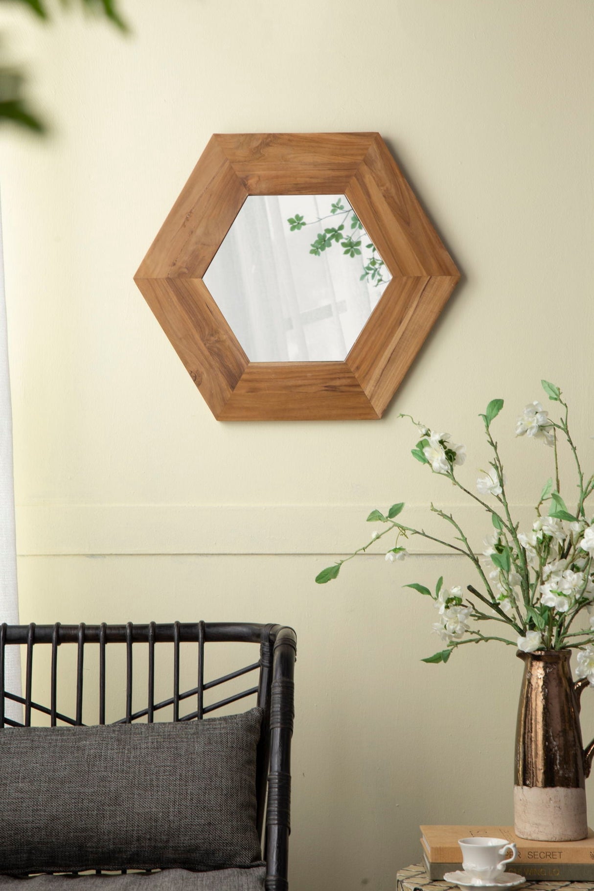 Hexagon Mirror With Natural Wood Frame