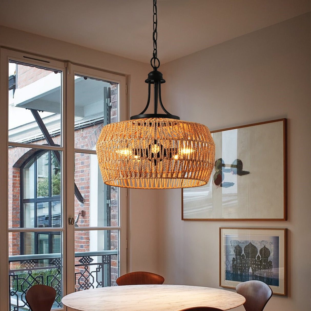 19' Boho Hemp Rope Pendant Light with Adjustable Chain