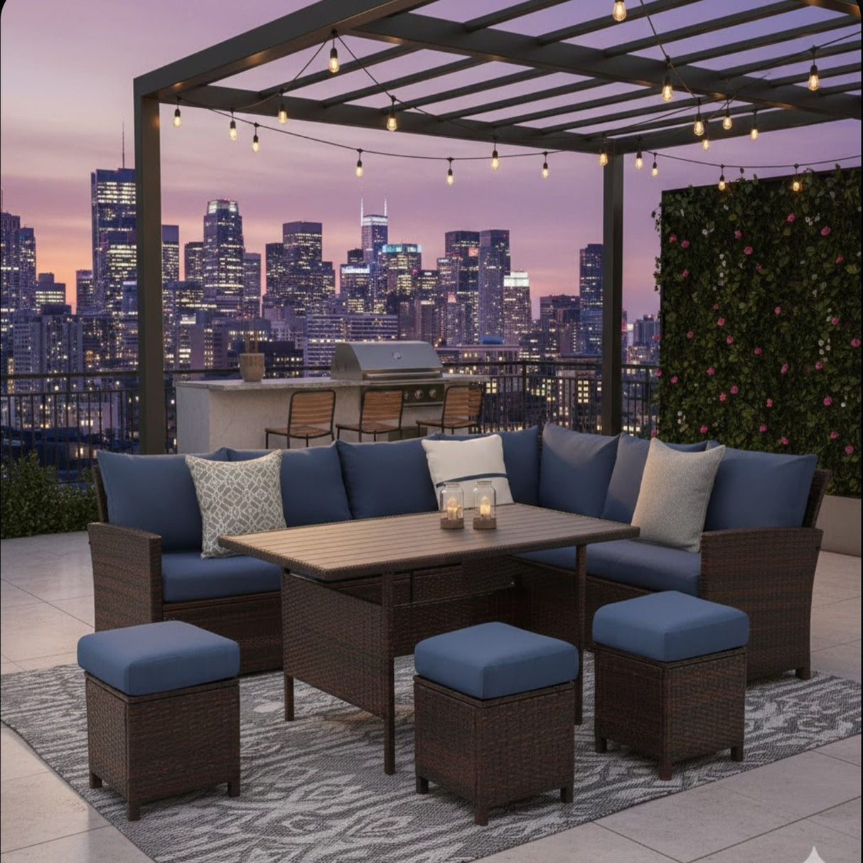 7 Piece Patio Dining Set With Cushions, Modular Sectional Sofa & Storage Table