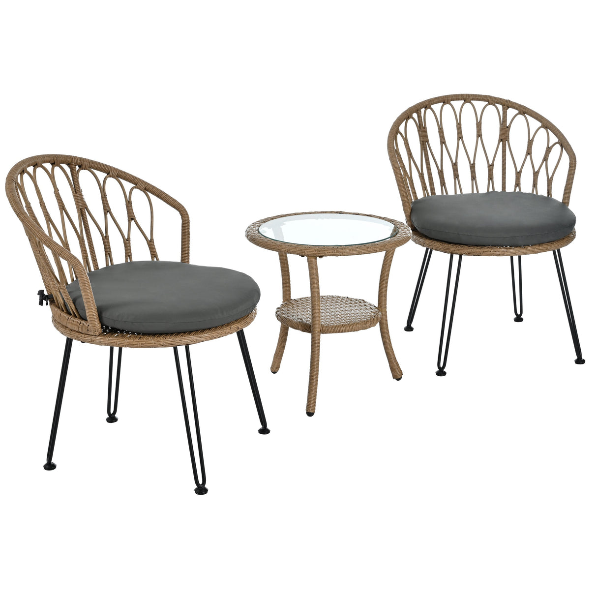 U_STYLE Outdoor Leisure Set with 2 Rattan Chairs & Glass Table