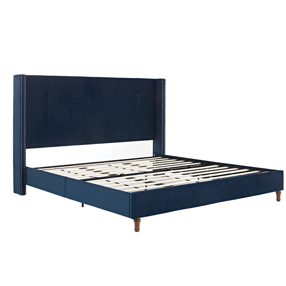 Peyton Upholstered King Bed with 54" High Headboard and Nailhead Trim Wingback in Blue Velvet