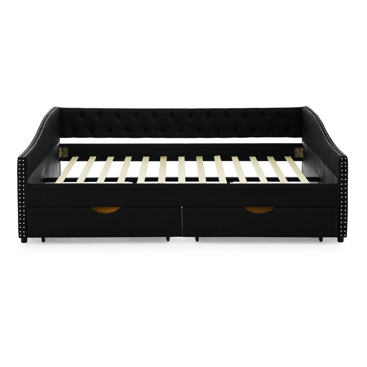 Upholstered Tufted Daybed With 2 Drawers, Waved Arms