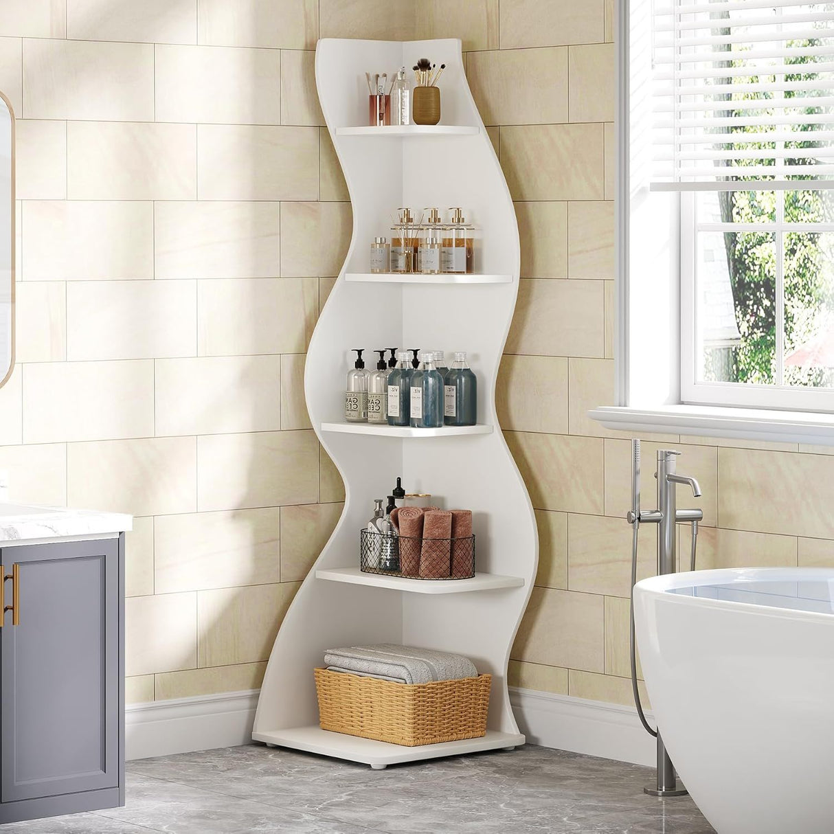 5 Tier Wavy Corner Bookshelf And Plant Stand For Living Room