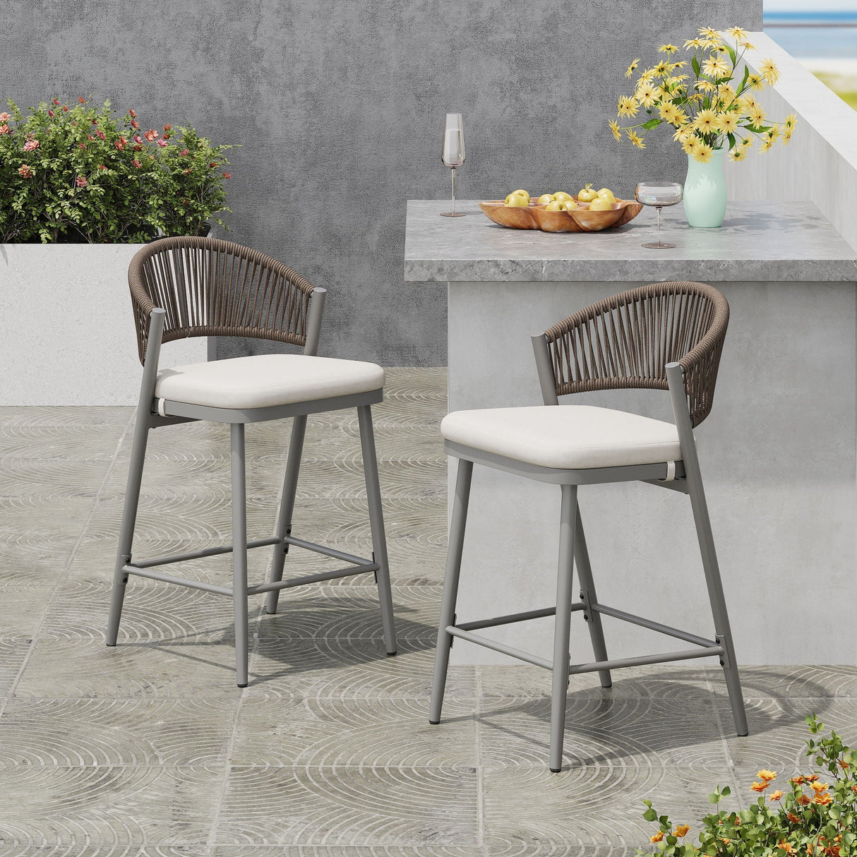 Outdoor 26" Counter Height Metal Frame Counter Stools with Scallop Shaped Backrest & Water Resistant Cushions