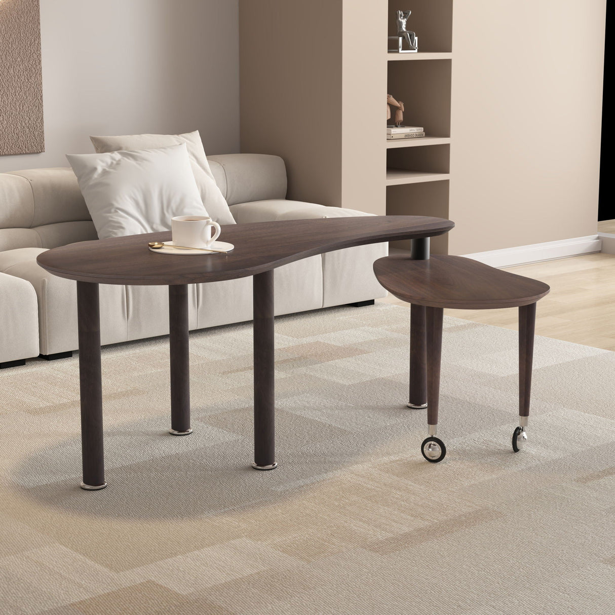 Rotatable Coffee Table With Solid Legs, 360 Degree Swivel, Waterproof - Walnut