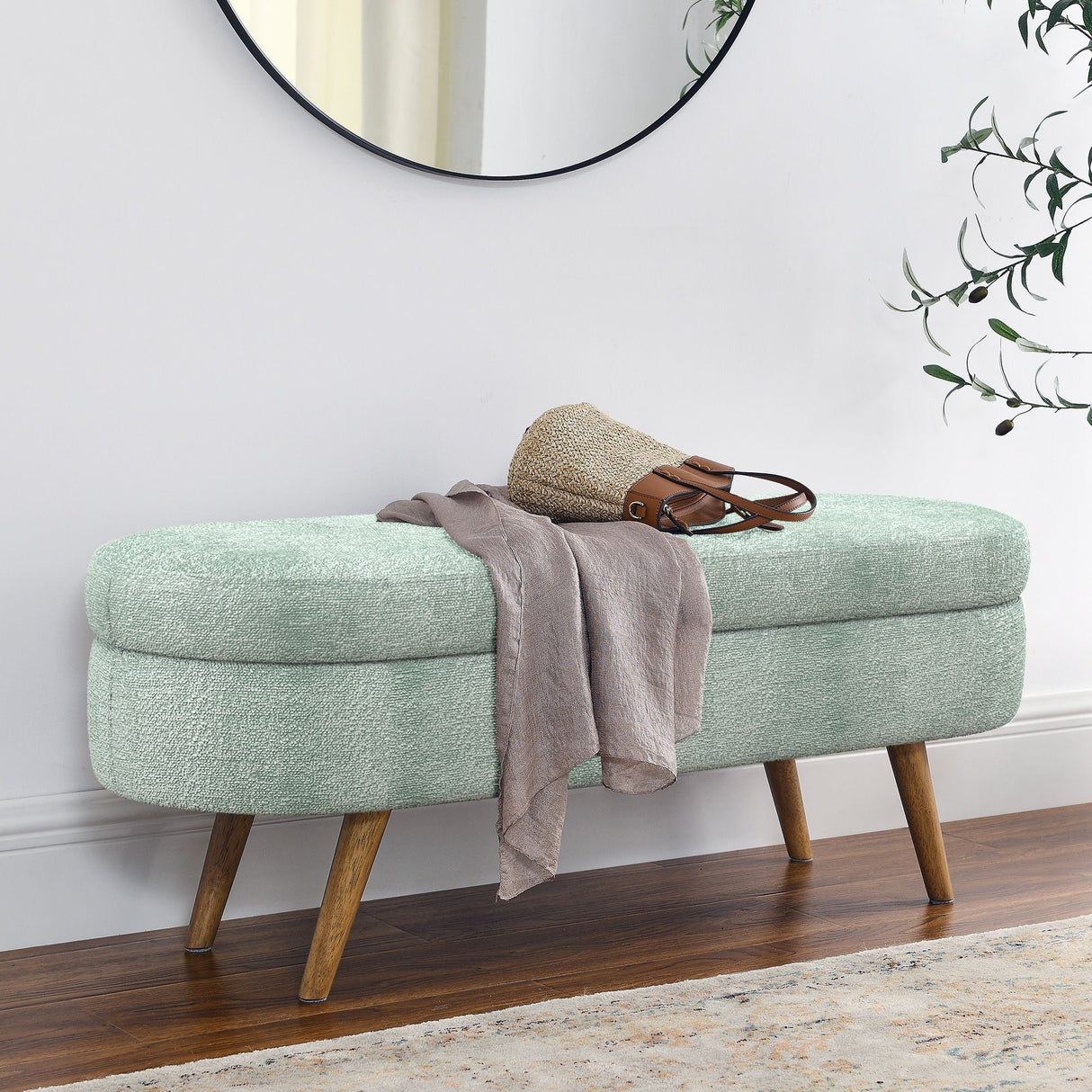 Modern Ottoman Oval Storage Bench with Rubber Wood Legs