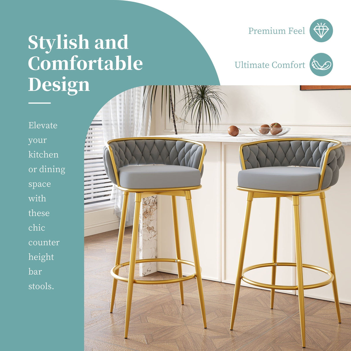 Modern Low Back Upholstered Counter Height Bar Stools (Set of 2)