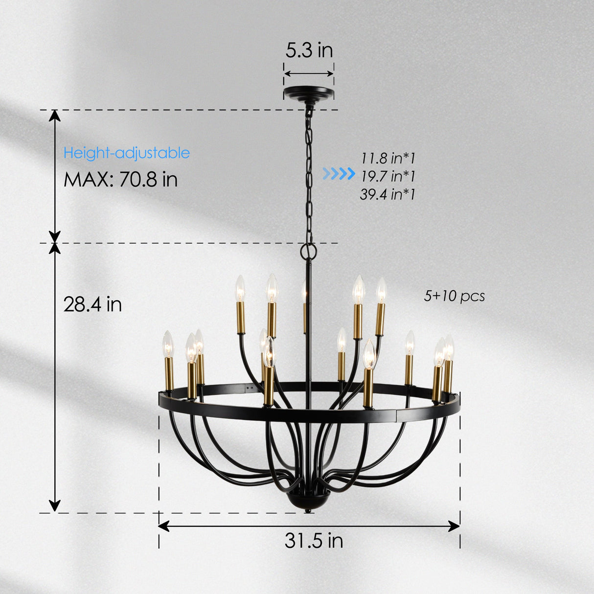 15-Light Industrial Iron Candle Chandelier Modern Farmhouse Pendant Light