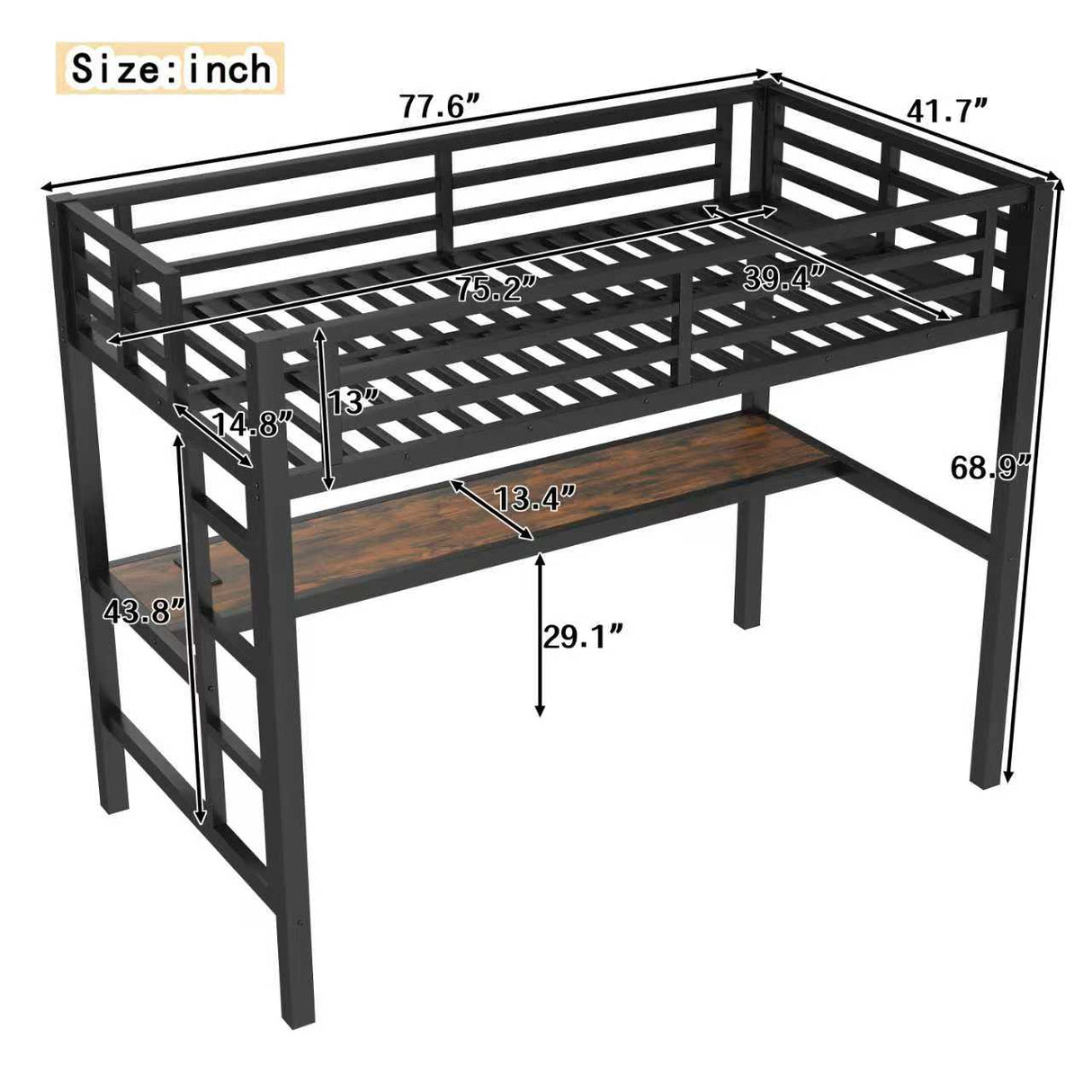 Metal Twin Size Loft Bed with Power Outlet and LED Lighted