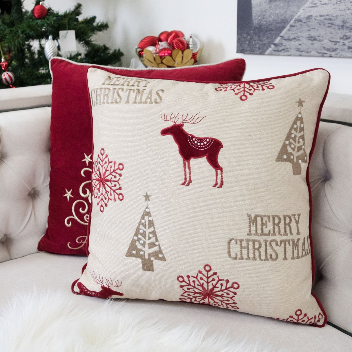 Merry Christmas Embroidered Poly Linen Throw Pillow 20x20