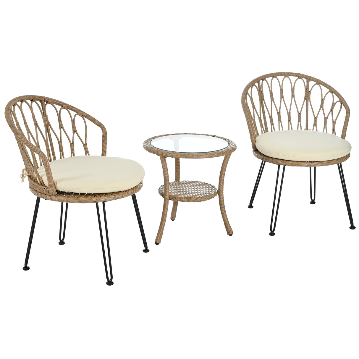 U_STYLE Outdoor Leisure Set, 2 Rattan Single Chairs with Glass Round Table