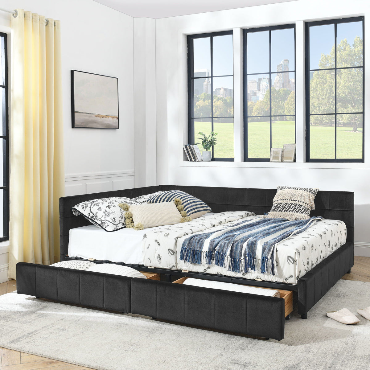 Mid-Century Storage Upholstered Tufted Bed Frame With Backrest And Armrests