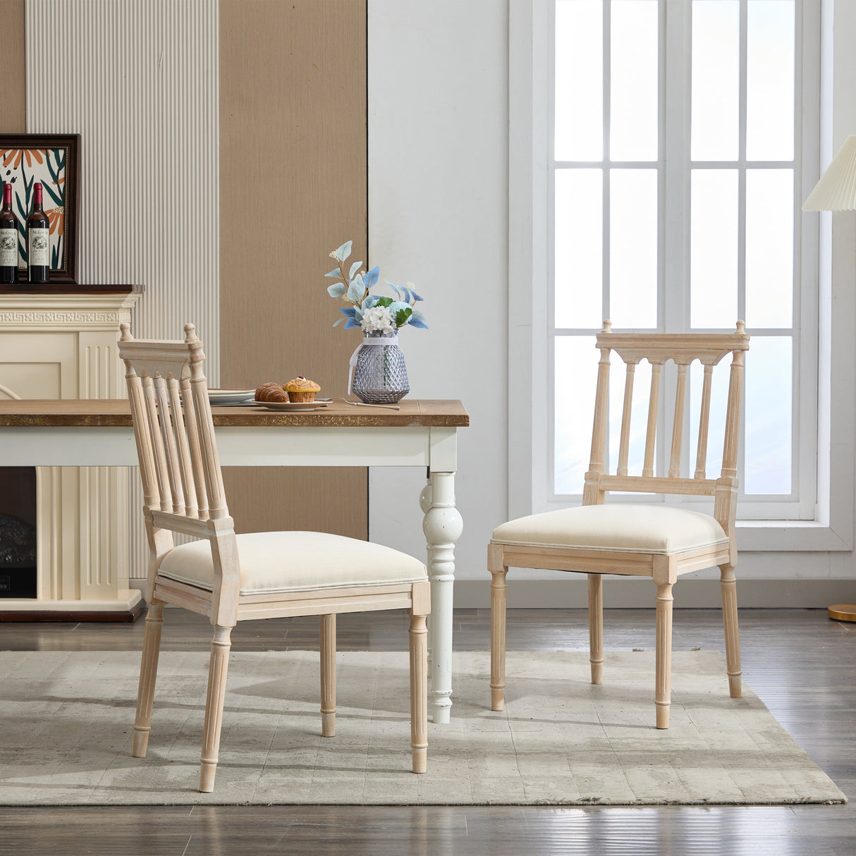Antique Dining Chairs - Linen Fabric Upholstered Wooden Chairs Set of 2