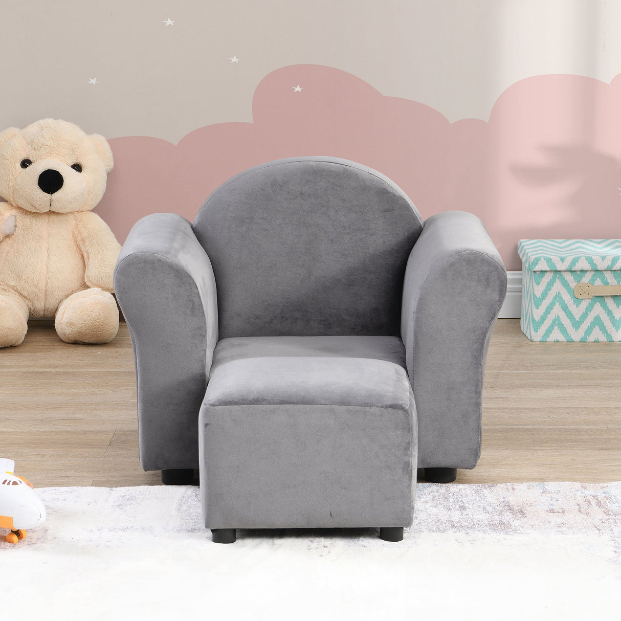 Kids Gray Velvet Upholstered Chair with Ottoman