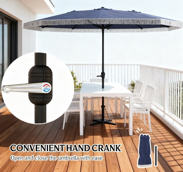 Spacious Extra Large Outdoor Umbrella, Rectangle Patio Umbrella, with Fringe and Crank Handle