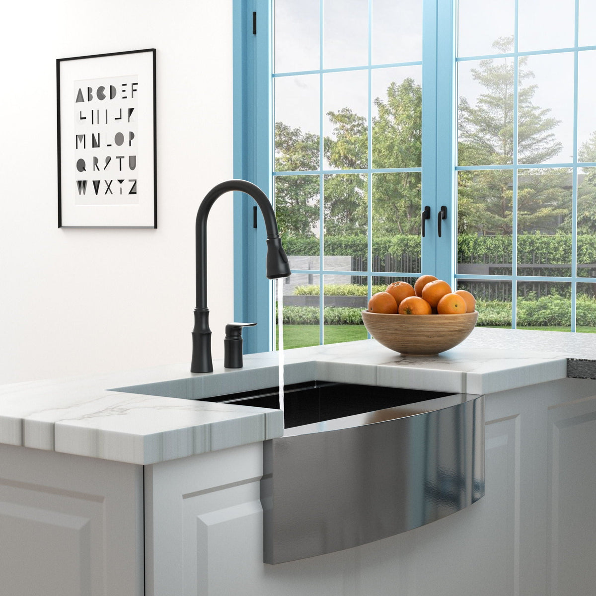 16.9" Kitchen Sink Faucet With Separate Handle And Pull Down Sprayer, Lead Free Brass - Matte Black