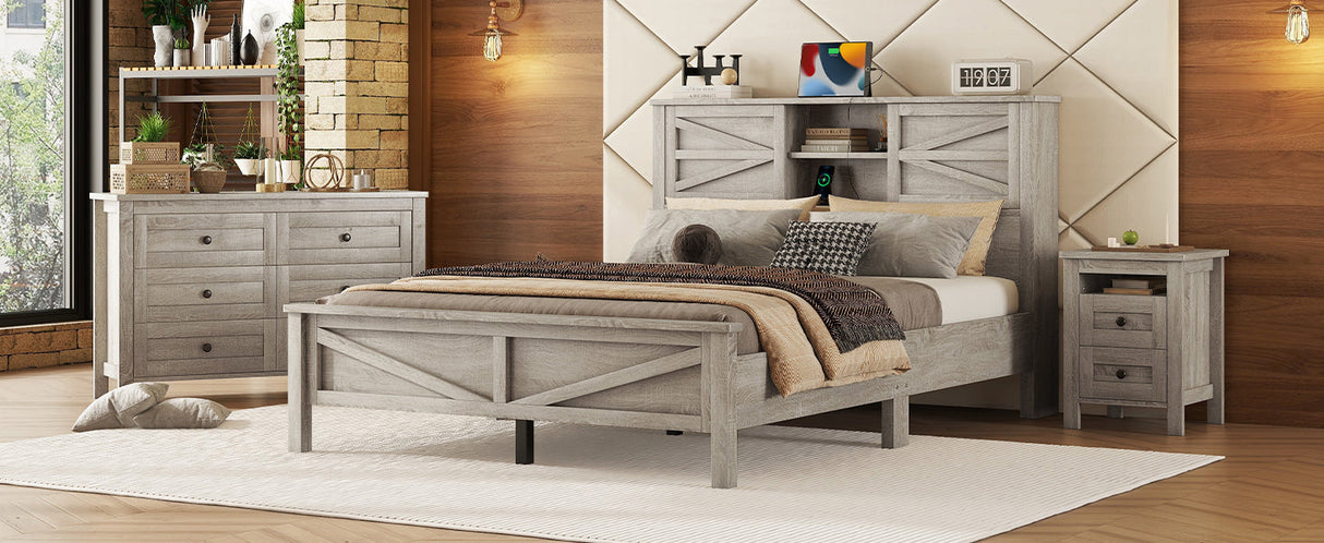3-Pieces Bedroom Set Queen Size Farmhouse Platform Bed with Storage Headboard and Charging Station