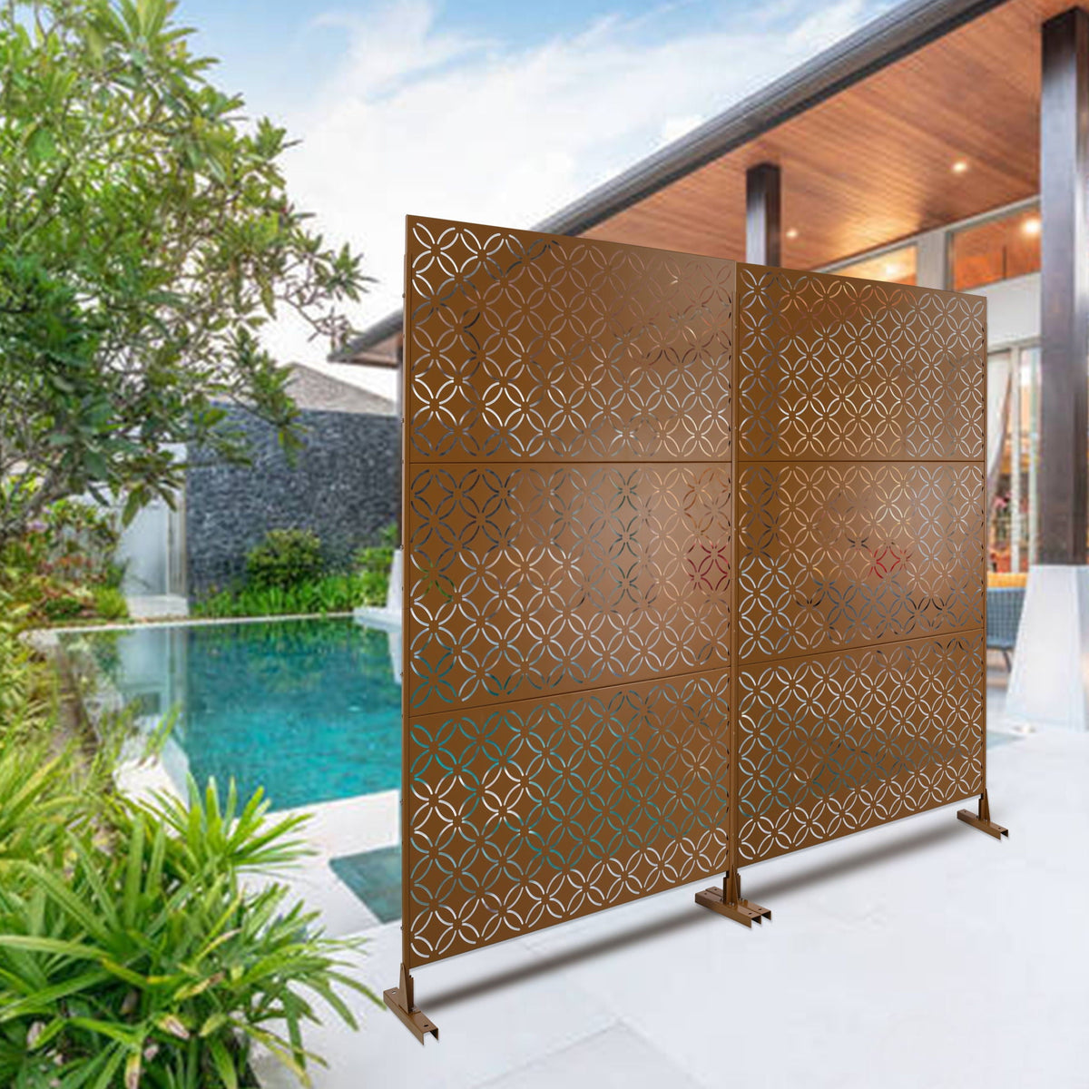 Freestanding Decorative Privacy Screen For Deck Balcony Patio, Metal Privacy - Brown