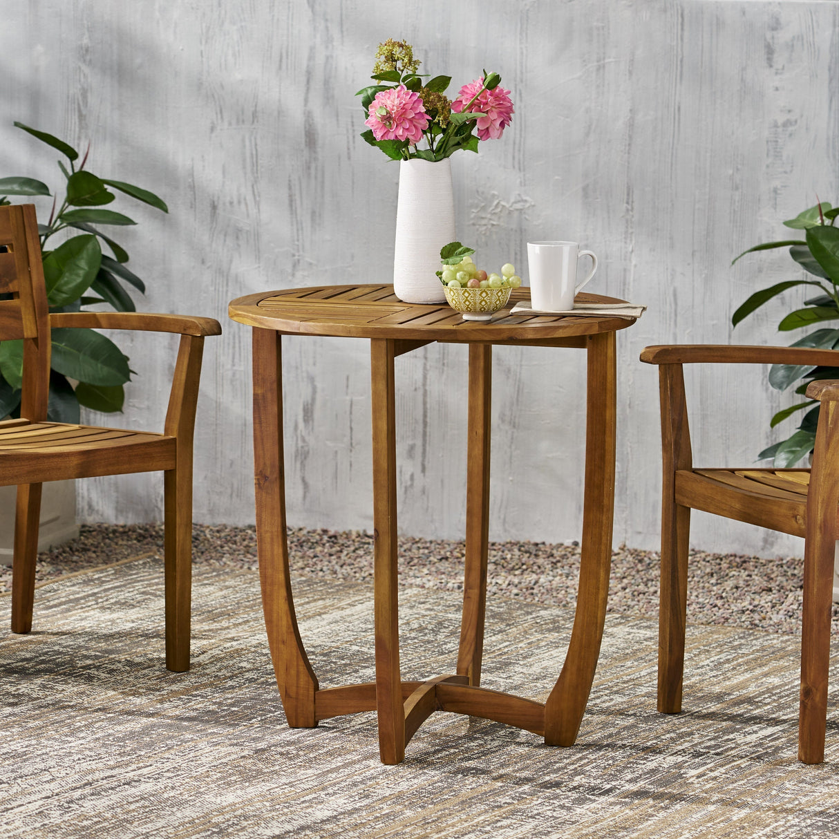 27.5' Outdoor Circular Wood Bistro Table with Curved Legs and Slat Panel