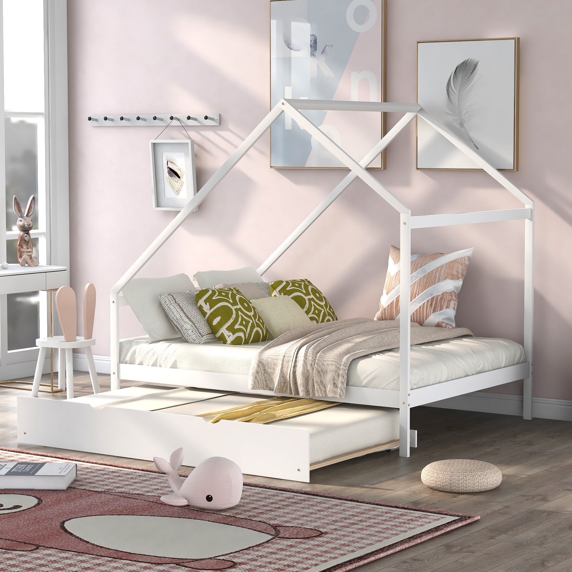 Full-Size-Wooden-House-Bed-With-Twin-Size-Trundle,-White-Kids-Beds