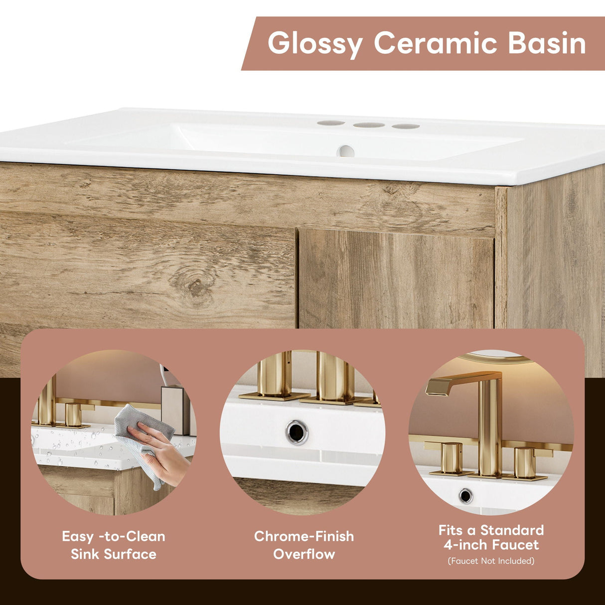 Bathroom Vanity Cabinet With Sink, Sliding Drawer, Soft Closing Door, Open Shelf - Natural Wood