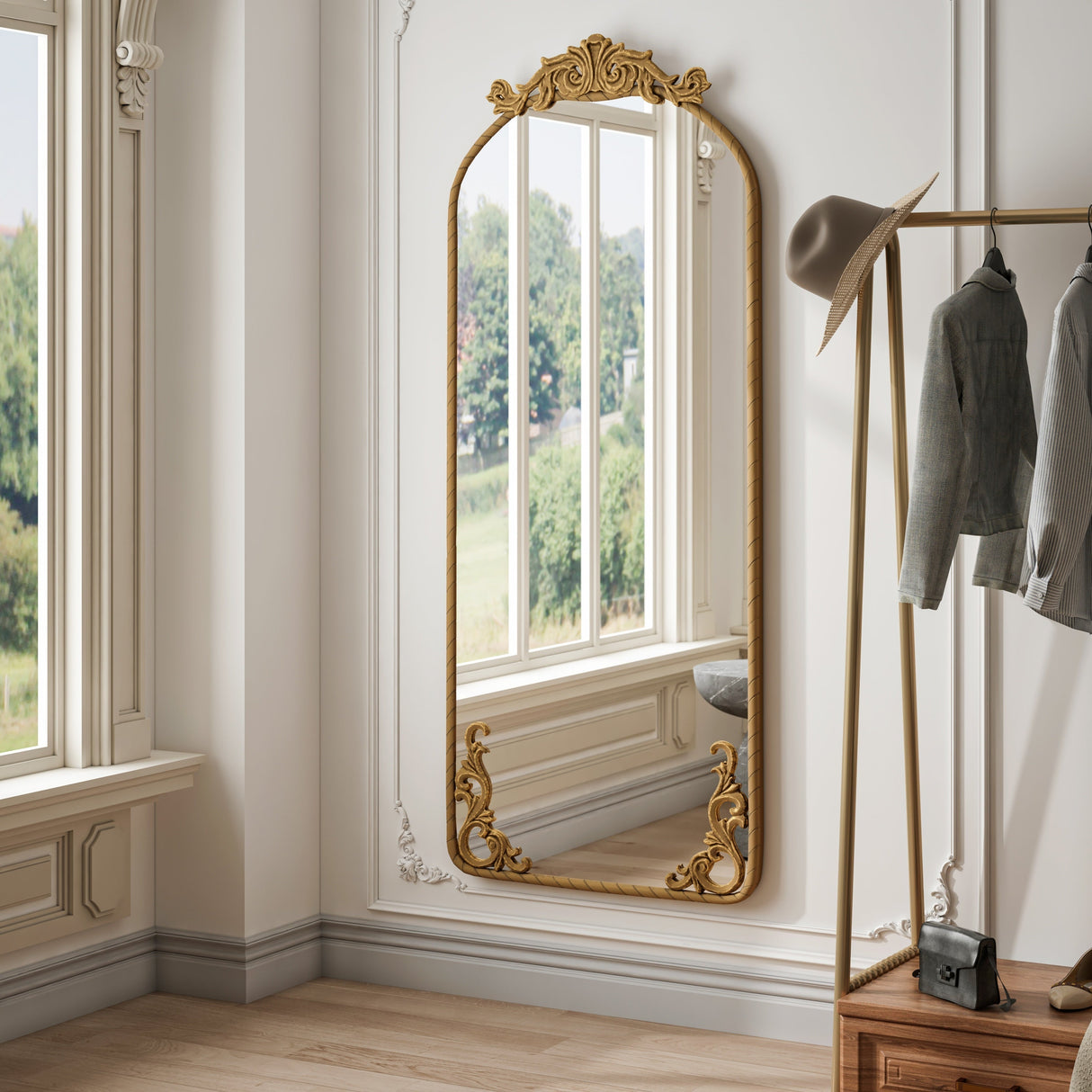 Retro Arched Full Body Mirror with Vintage Carved Applique