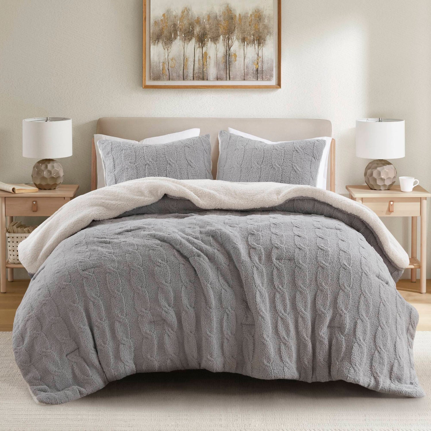3-Pieces-Full/Queen-Cable-Knit-Chenille-Comforter-Set,Gray-Quilts-&-Comforters