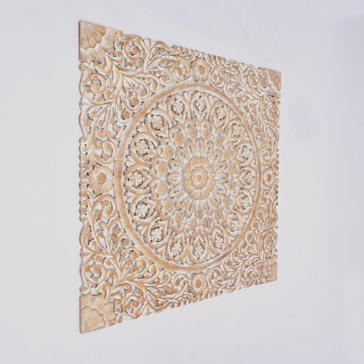 Floral Hand Carved Mandala Square Wall Decor With Spiritual Symbolism - Gold / White