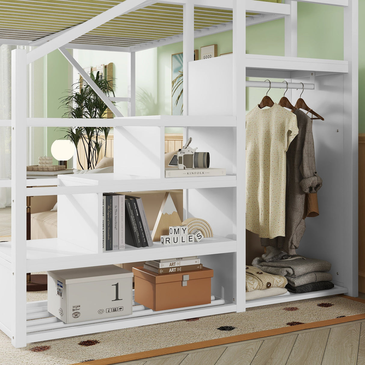 Queen Size Loft Bed with Stairs, Metal Queen Loft Bed with Storage Shelves