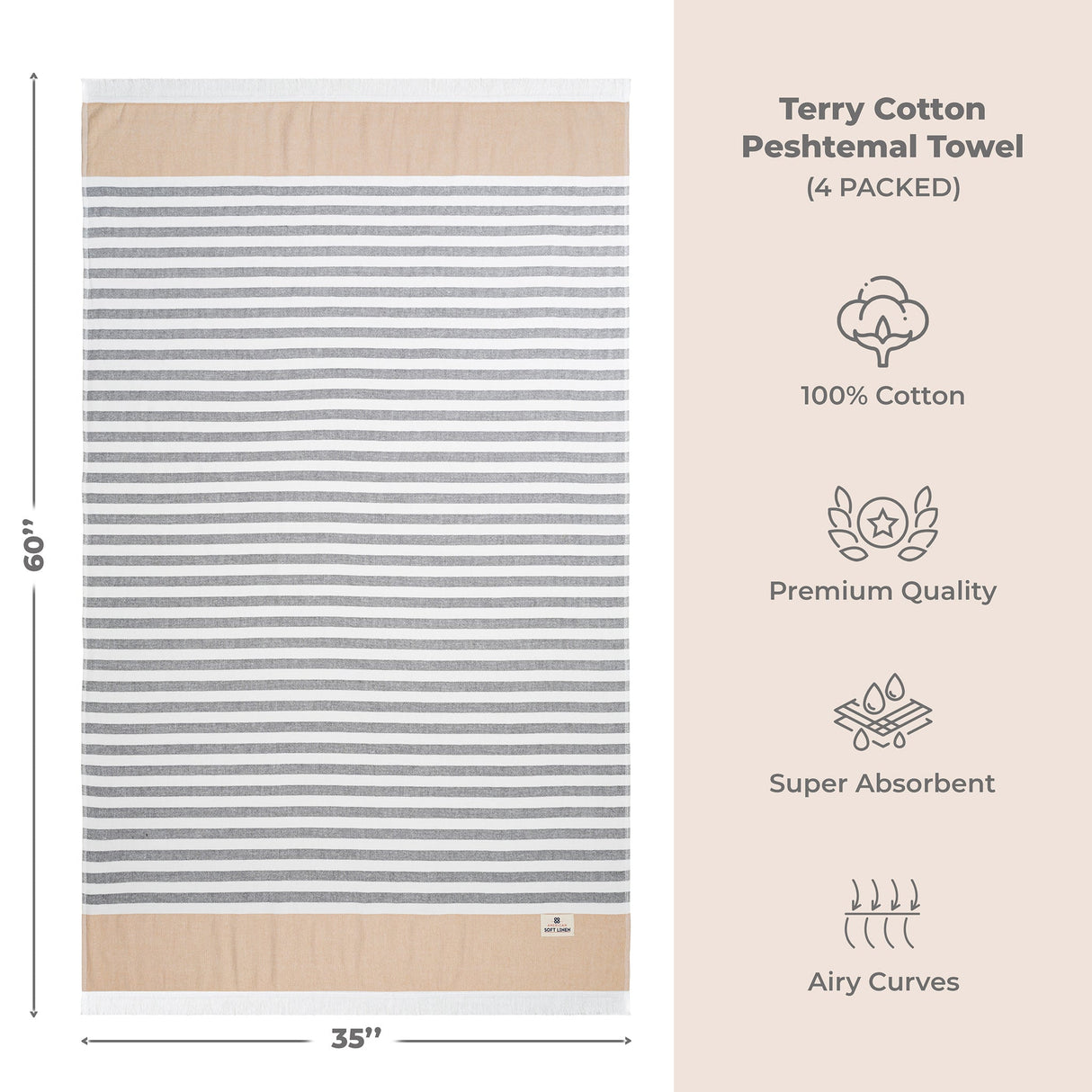 4 Packed Terry Peshtemal and Premium Beach Towel, Mediterranean Cotton Turkish Peshtemals, 35" x 60", Modern & Traditional Turkish Bath Towels