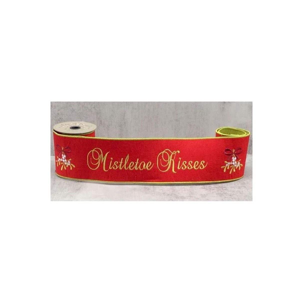 4" Embroidery Mistletoe Kisses Felt Ribbon: Red (5 Yards)