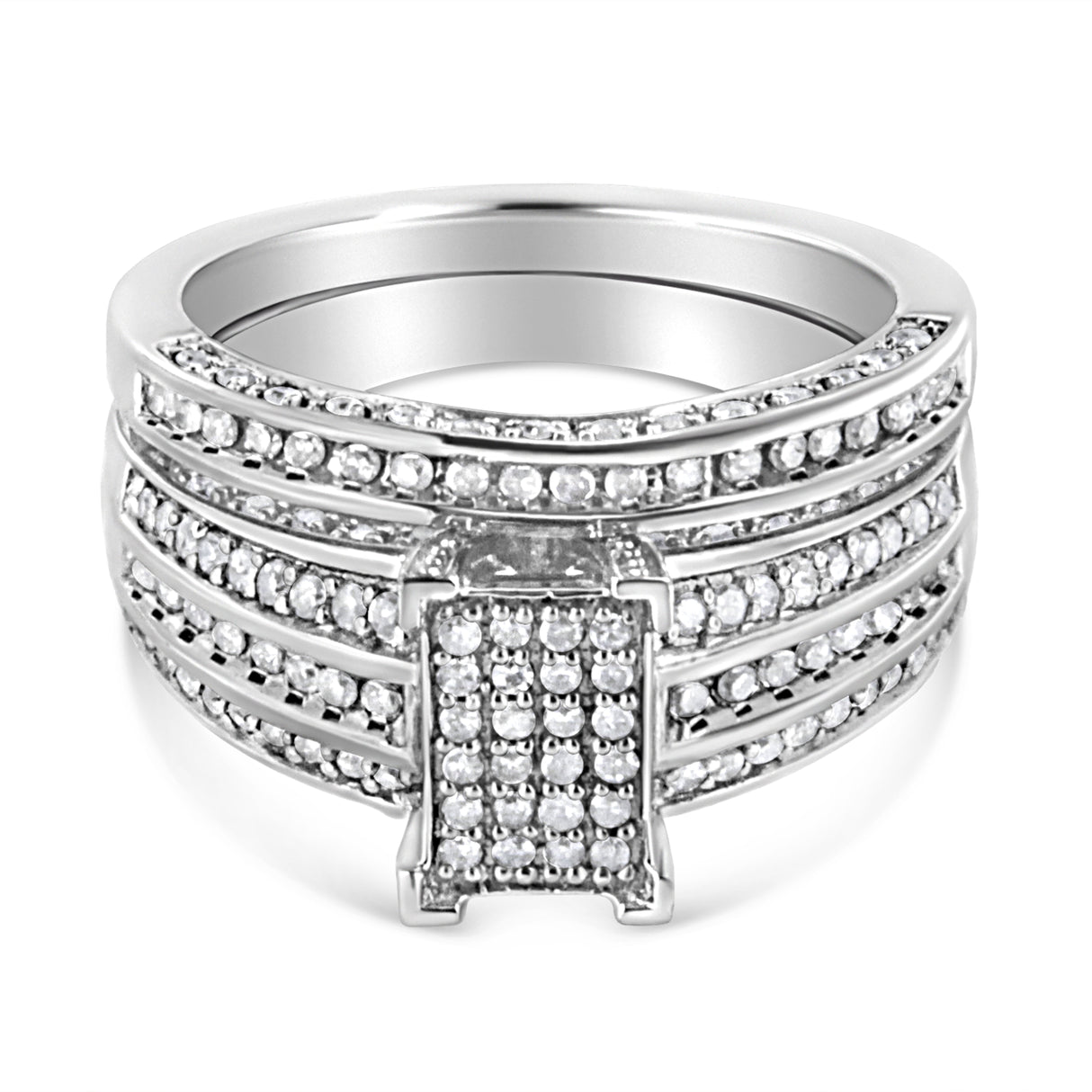 .925 Sterling Silver 3/4 Cttw Prong Set Round Diamond Composite Engagement Ring and Band Set (I-J Color, I3 Clarity) - Size 6.5