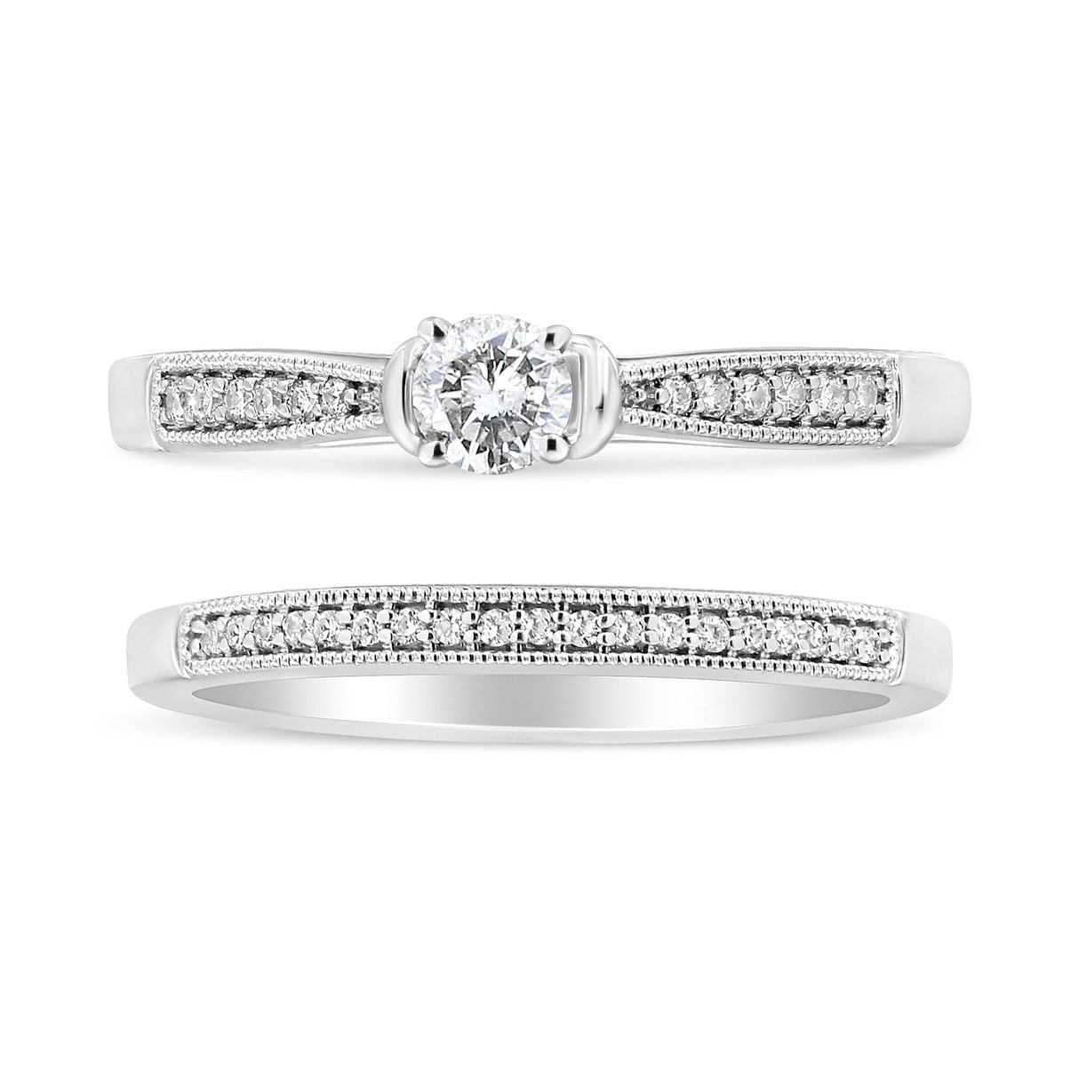 .925 Sterling Silver 1/3 Cttw Diamond Classic Engagement Ring Bridal Set with Milgrain (I-J Color, I3 Clarity)