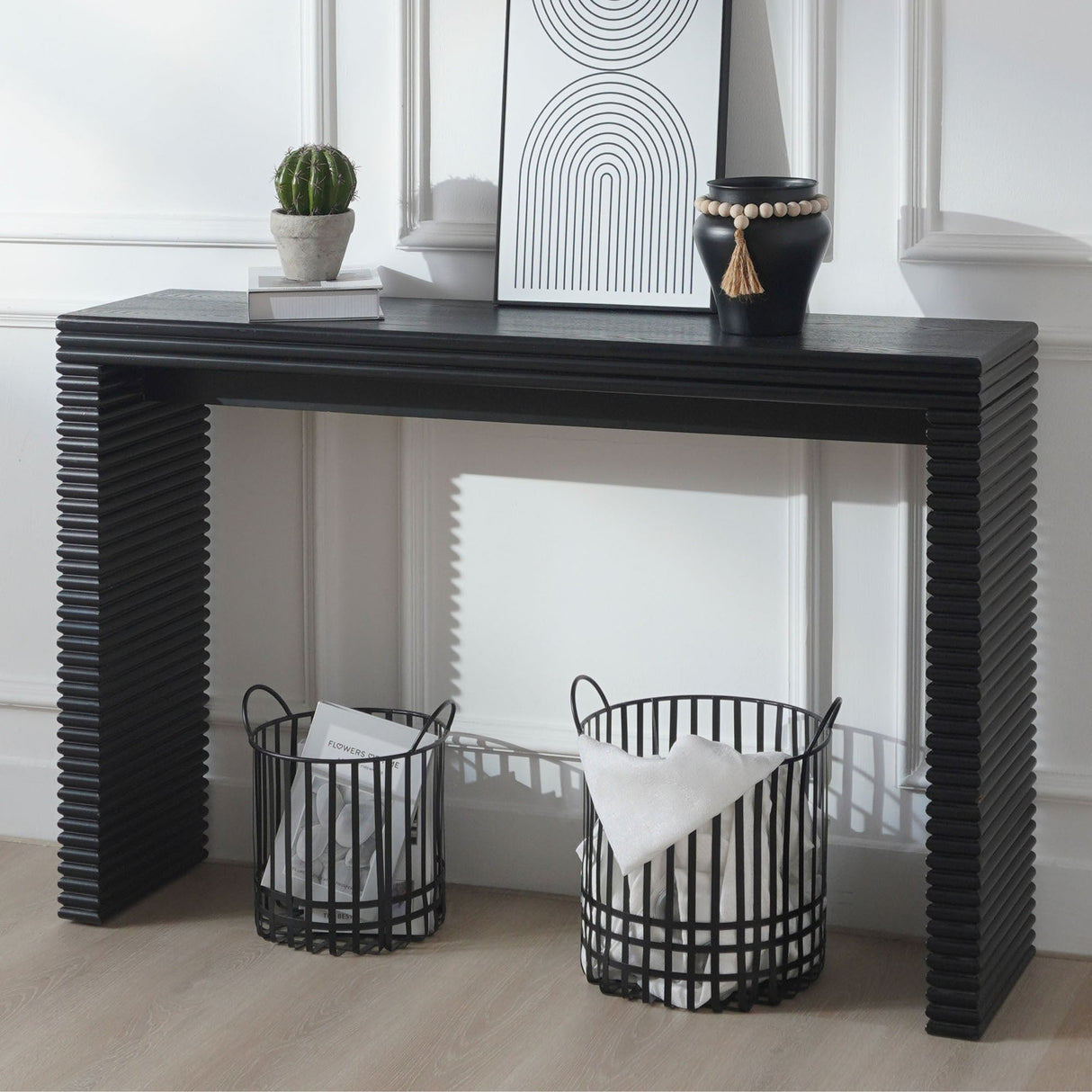 47" Modern Black Wood Console Table with Ribbed Legs