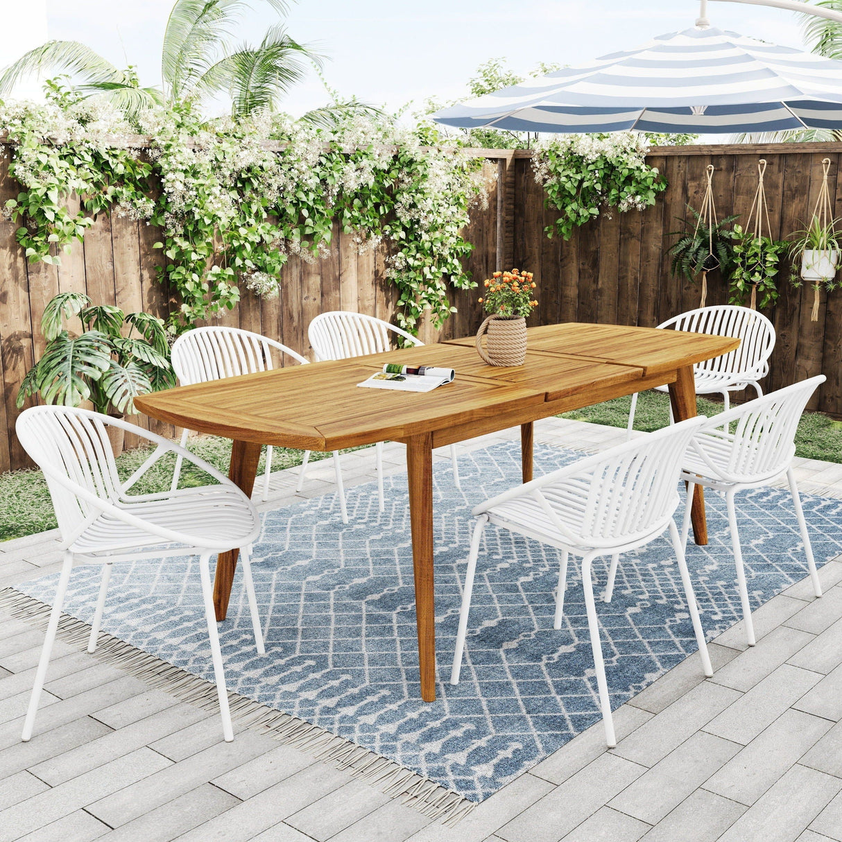 Modern Outdoor 7 Piece Expandable Dining Set with Stackable Chairs