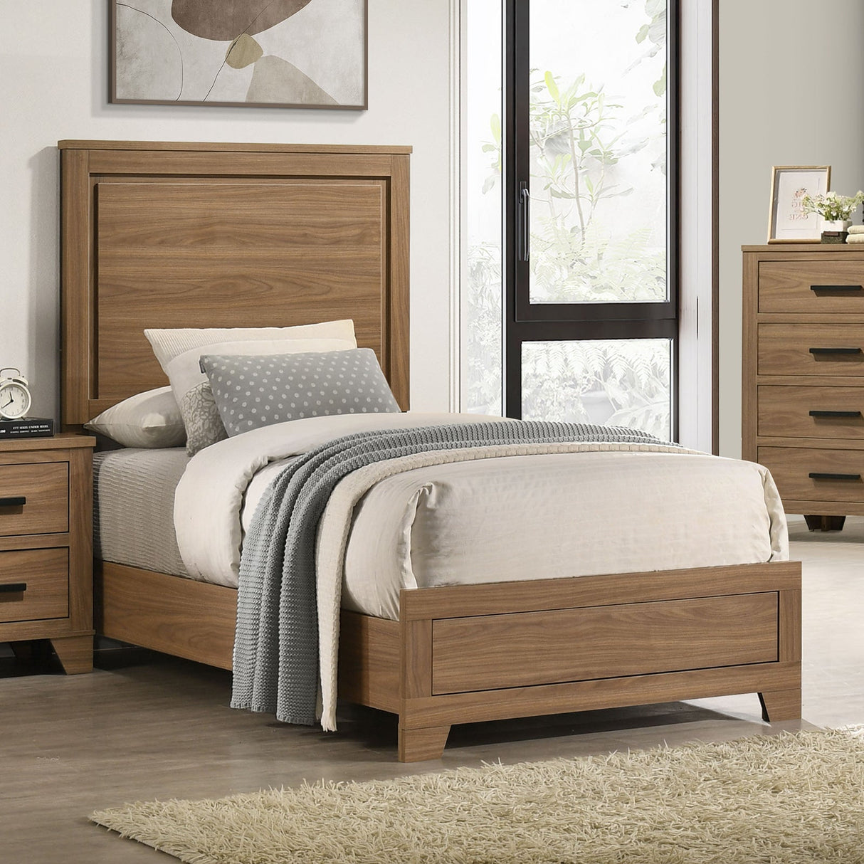 Walnut Chestnut 3pc Twin Size Bedroom Set with Nightstands