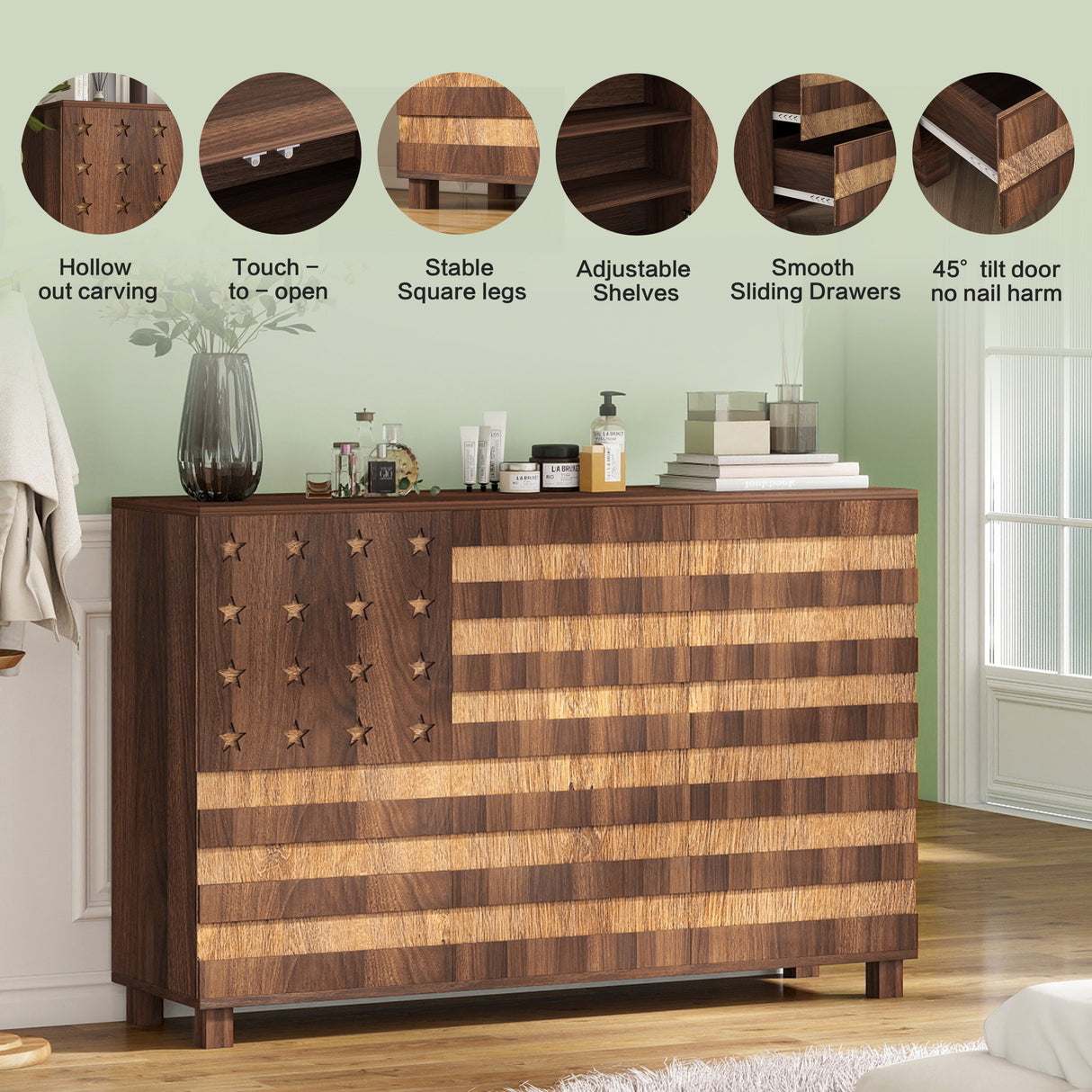 55-Inch Walnut Buffet Sideboard Cabinet with Storage