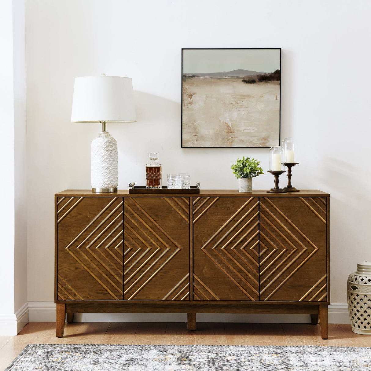Diamond Fluted Sideboard Storage Cabinet with Adjustable Shelves