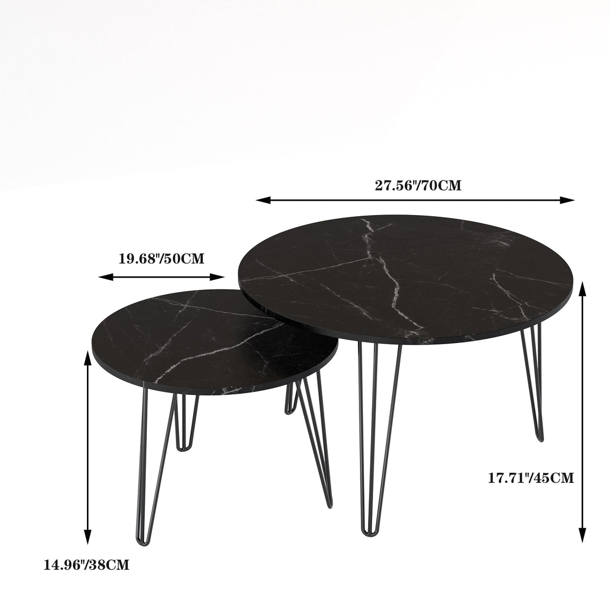 Rustic Round Nesting Coffee Table Set of 2 with Metal Frame - White, Black, Light Brown