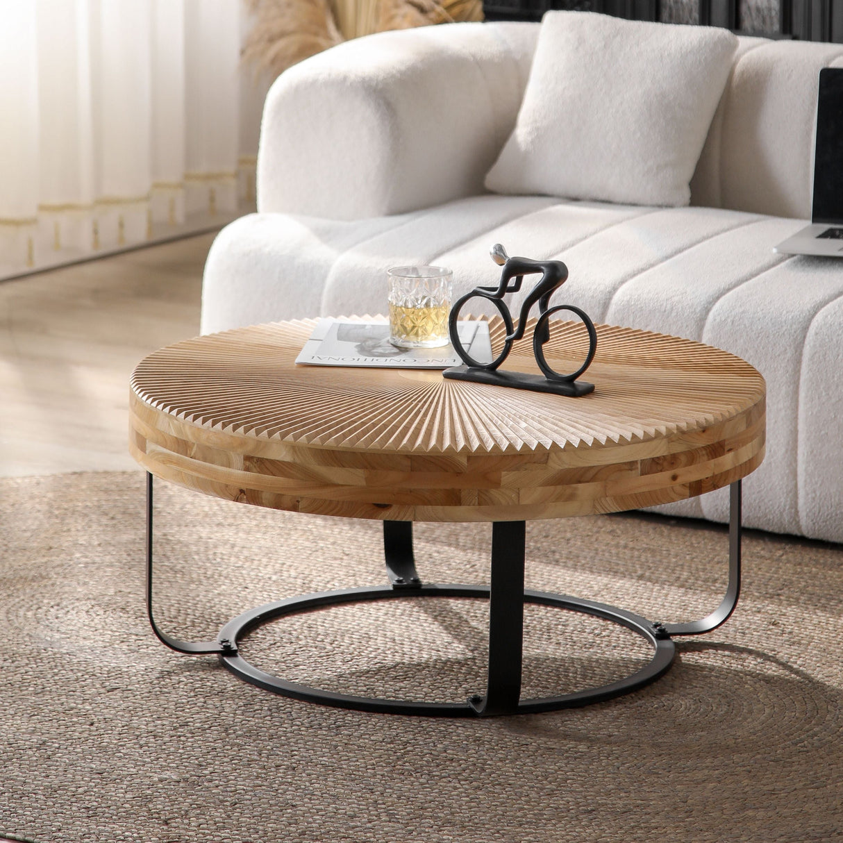 Modern Round Coffee Table with Wooden Carving Pattern and Metal Legs