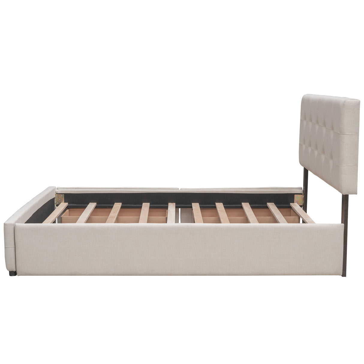 Upholstered Platform Bed with 2 Drawers and 1 Twin XL Trundle, Linen Fabric, Queen Size - Dark Beige(OLD SKU :LP100314AAA)