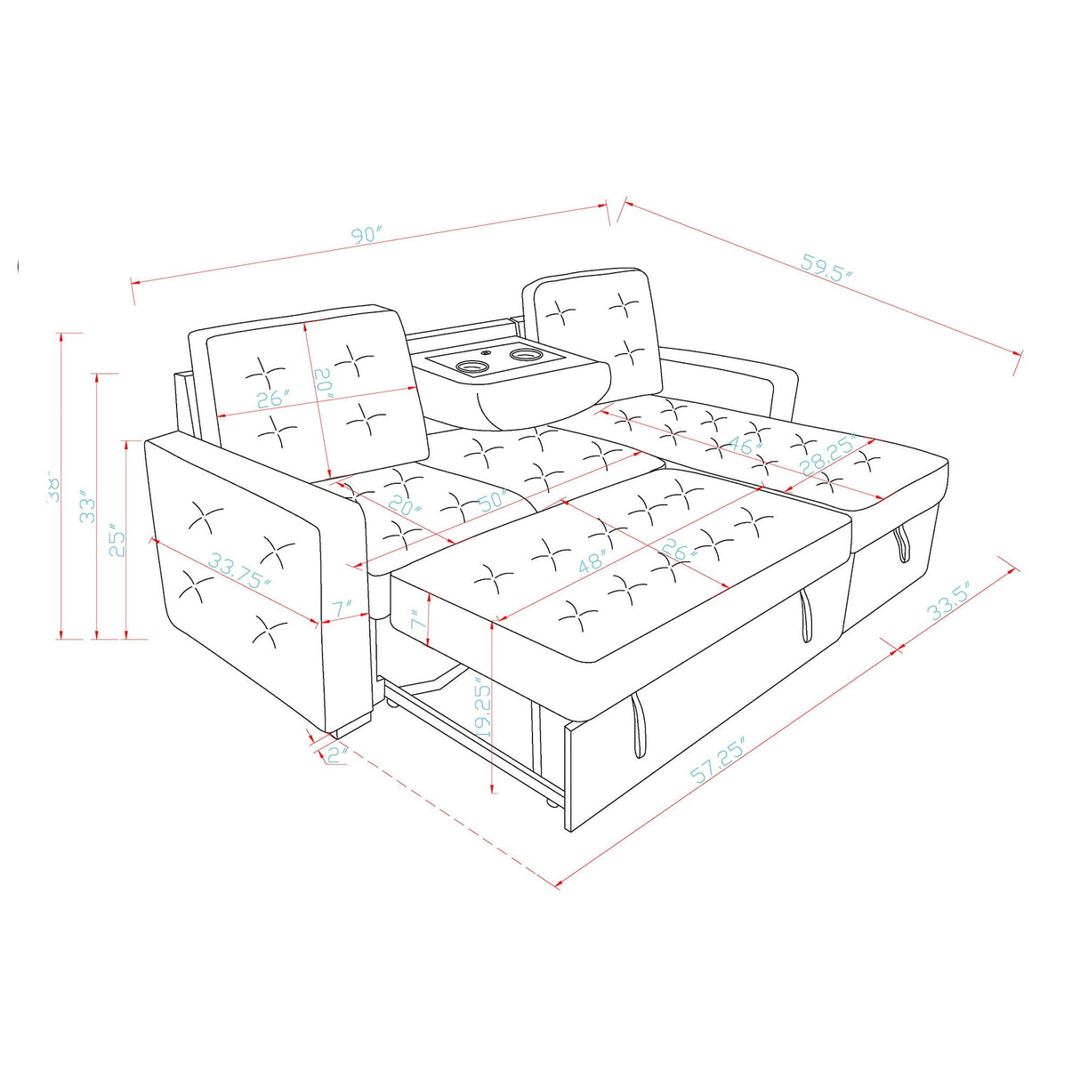 Gustavo - Sofa, Pull Out Bed, Storage Chaise, USB And Cup Holders - Beige