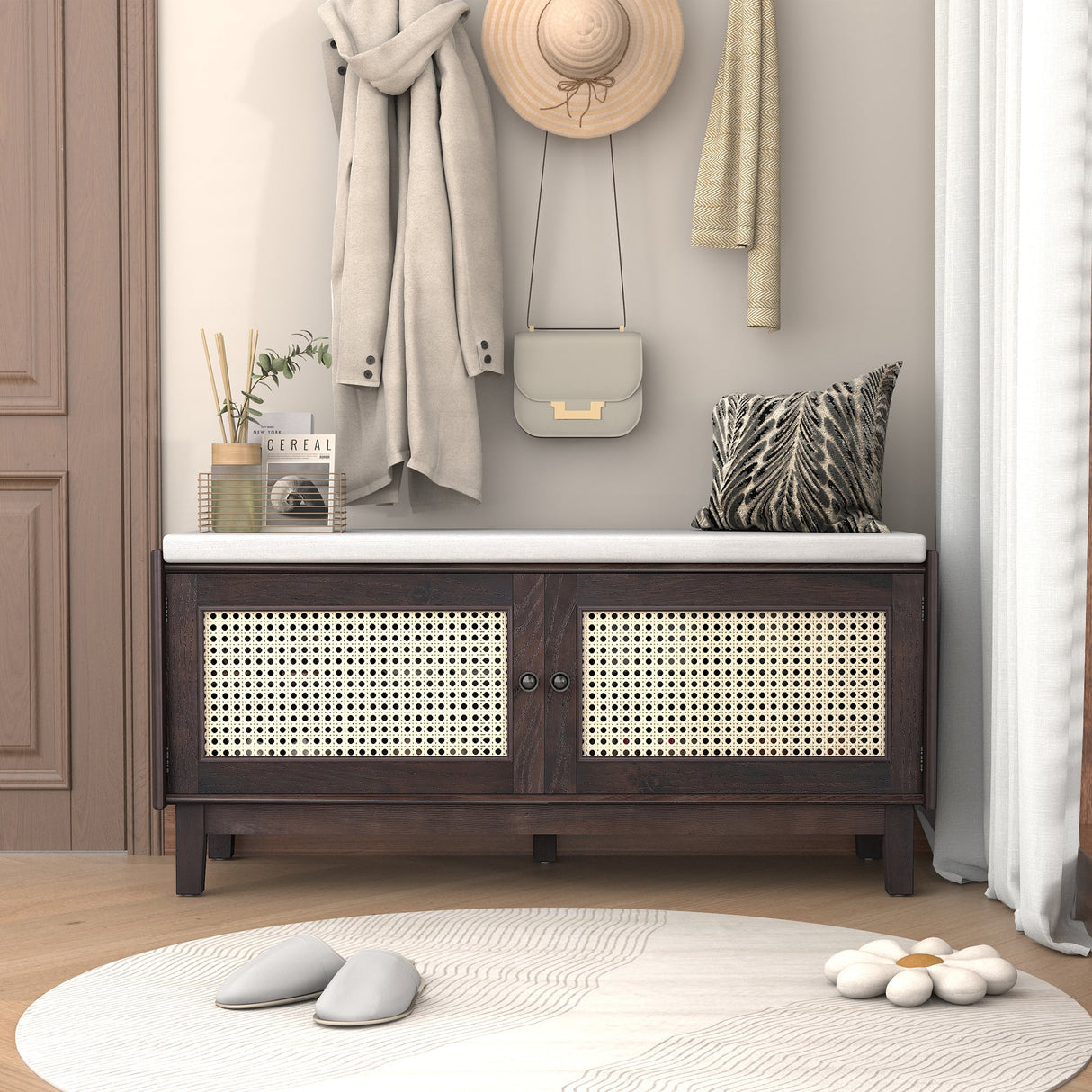 TREXM Boho Rattan Entryway Bench with Storage