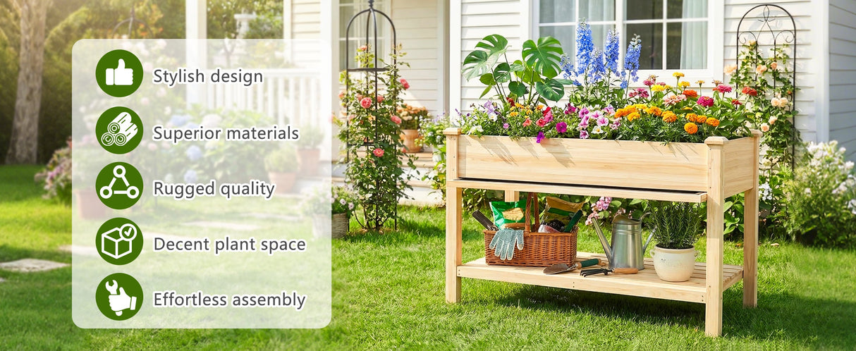 Raised Garden Bed with Water Collection Tray and Storage Shelf