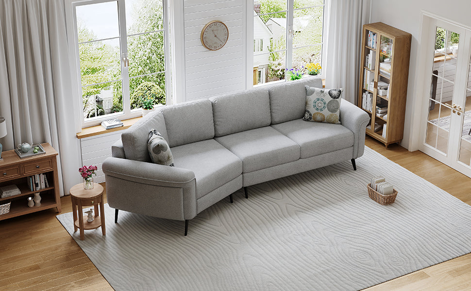 111" Upholstered 3-Seater Sofa with Curved Design and Two Printed Pillows